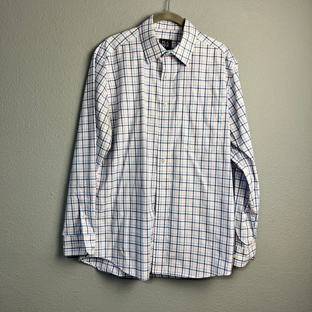 JOS A BANK TRAVELER Mens Tailored Fit Button Down Shirt Long SL Plaid Cotton M